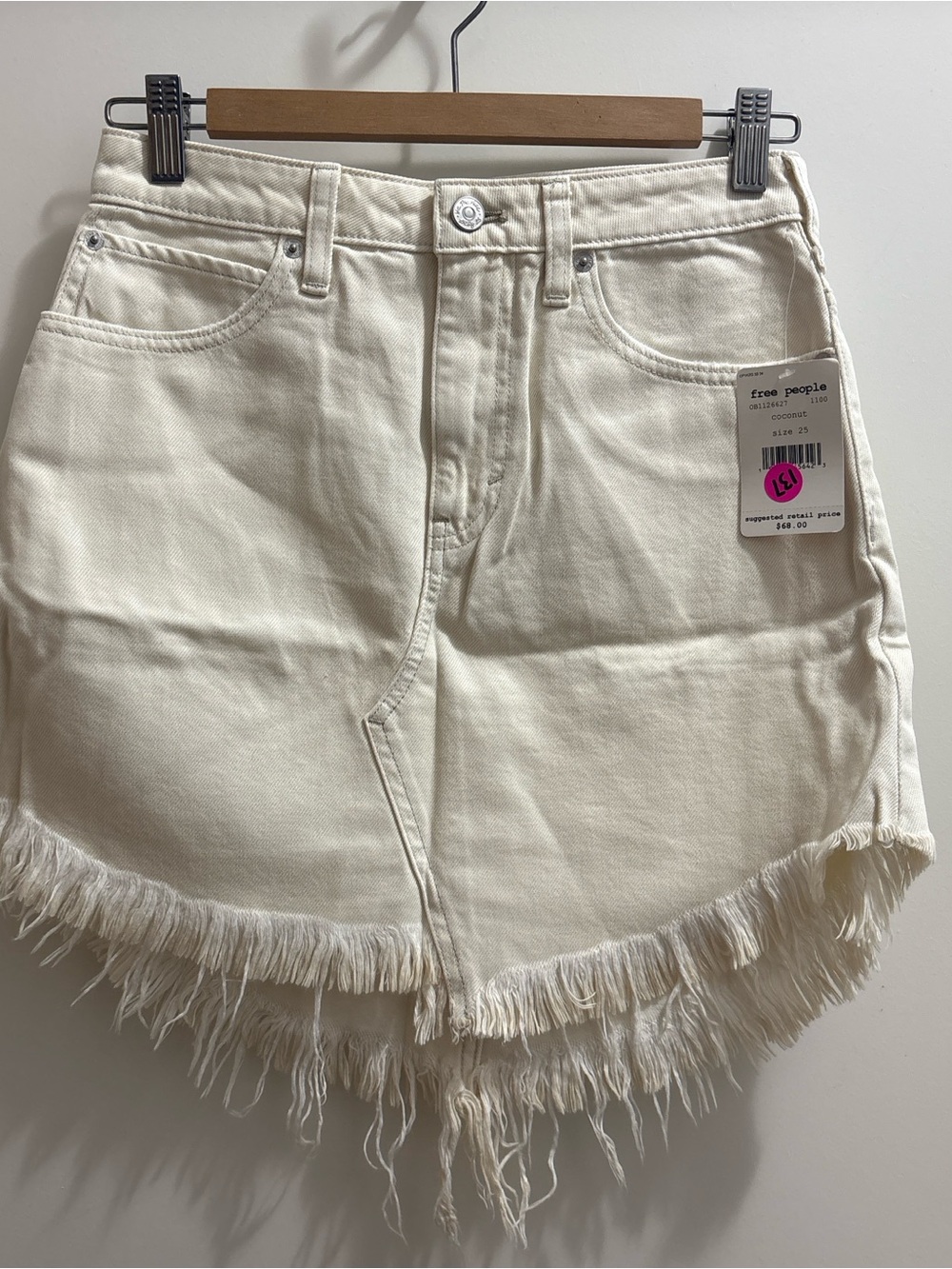 Free People Cream Frayed-Hem Denim Skirt